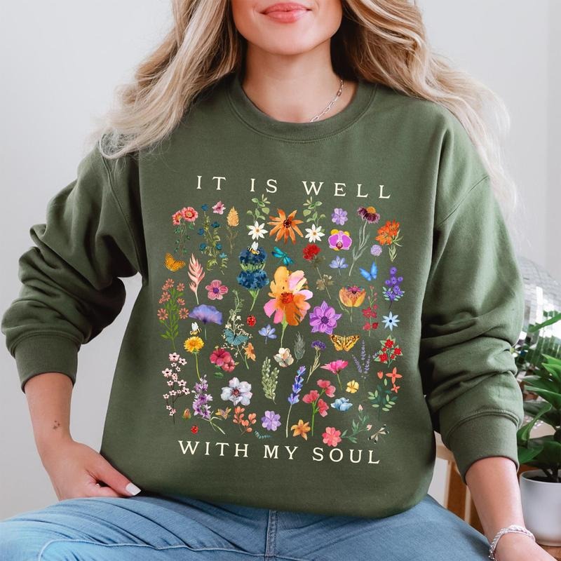 It Is Well With My Soul, Christian, Faith, Hymn, Gospel, Religious, Flowers Sweatshirt, Crew Neck, Women's, Crewneck...