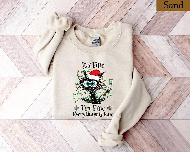 It's Fine, I'm Fine, Everything Is Fine Shirt, Christmas Lights Shirt, Holiday Sweater for Women, Funny Cat Shirt, Xmas Crewneck Sweatshirt