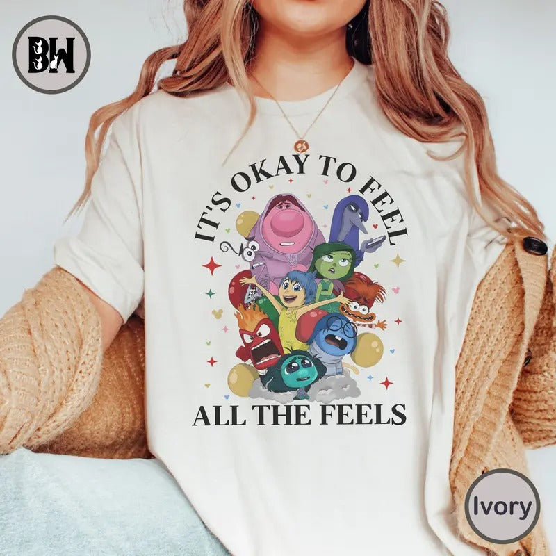 It's Okay To Feel All The Feels Shirt, Mental Health Shirt, Cartoon Inside Out Emotions Friends Shirt, Para BCBA ABA, Therapist Psychologist Shirt