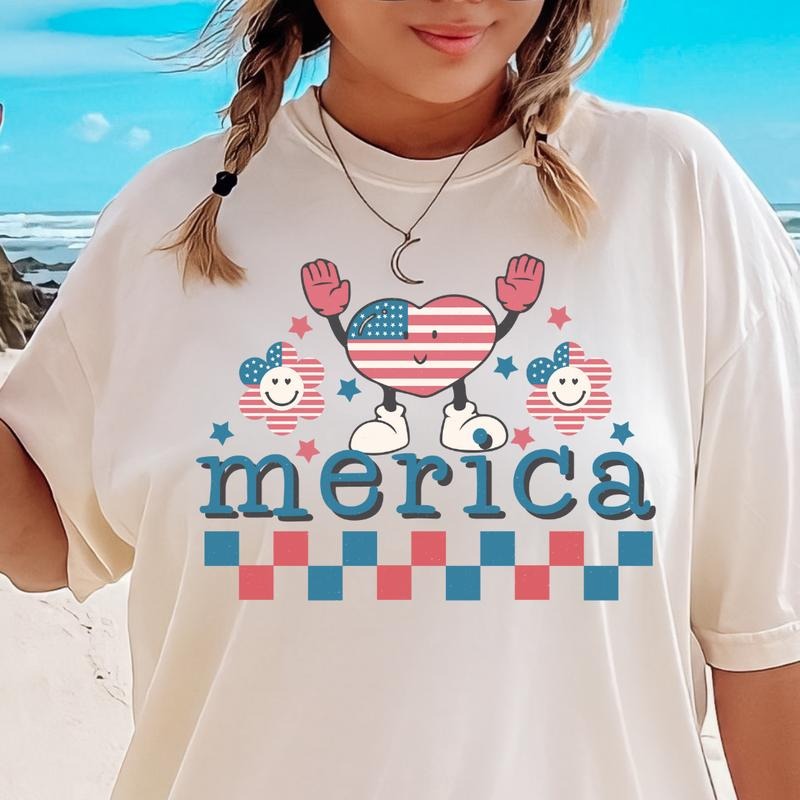 JULY 4TH SHIRT, MERICA HEART SHIRT, 4TH OF JULY MEN SHIRT, UNISEX COTTON SHIRT, OVERSIZED HOLIDAY SUMMER SHIRT Comfort Fabric Comfort Fabric Top Womenswear