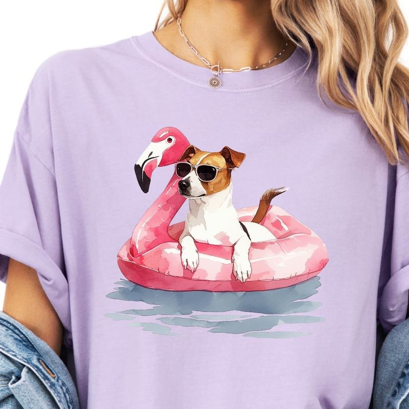 Jack Russell Flamingo Float Dog Shirt ~ Unisex Apparel Relaxed Fit Printed In The USA Clothing Womenswear Casual Comfort Cotton Top Athletic Boho Chic