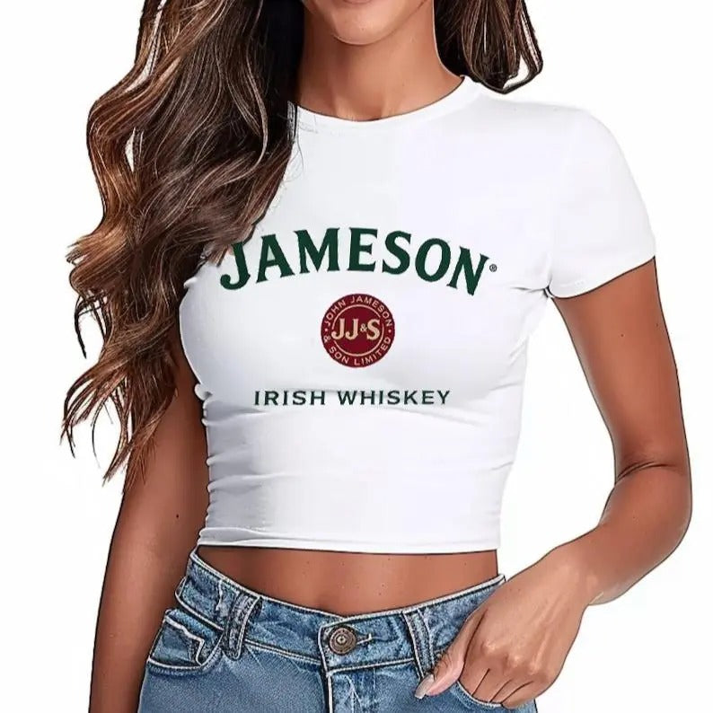 Jameson Irish Whiskey Top, Micro Rib Baby Tee, St Patrick's Day Shirt, Summer Whiskey Graphic Crop Top, Y2K Jameson Tee, Stylish Irish Whiskey Shirt, Casual Summer Top, Trendy Bar Outfit, Cool Girl Gift