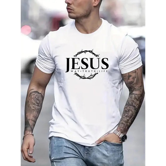 "Jesus" Print T-Shirt - Men's Casual Street Style Stretch Round Neck Tee Shirt for Summer Made in USA