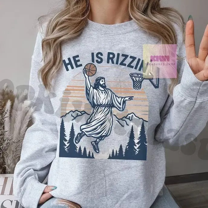 Jesus Basketball Easter Shirt - Jesus He Is Rizzin' Funny Religious Graphic Tee, Y2K Retro Faith Apparel, Aesthetic Gift for Believers