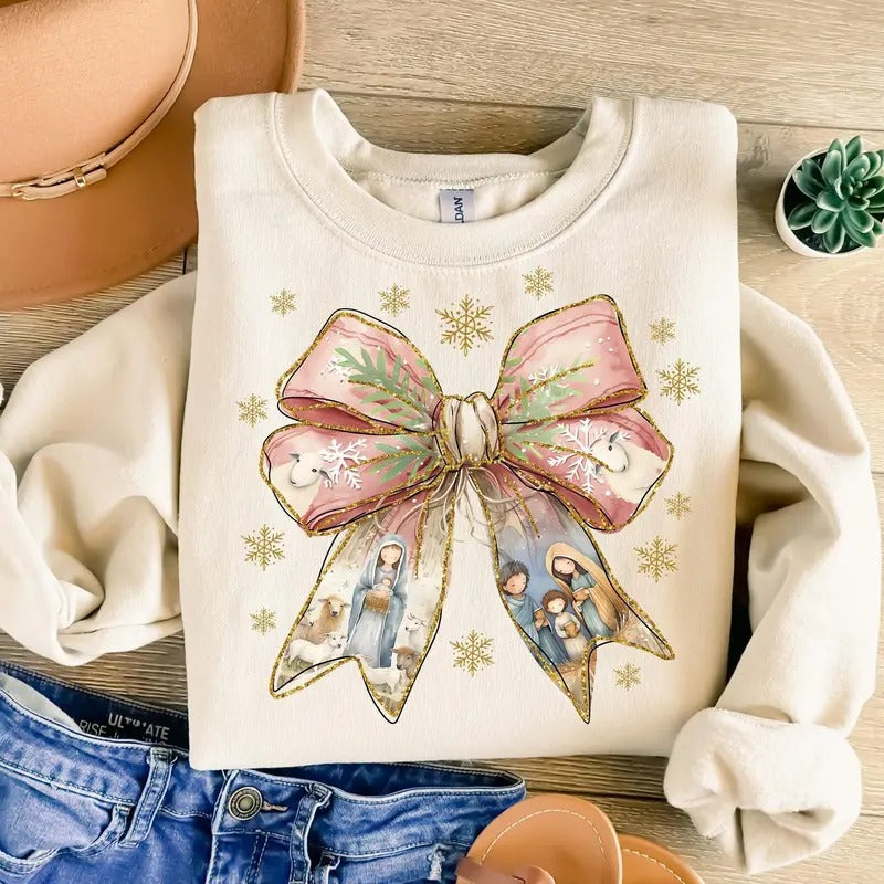 Jesus Christmas Coquette Bow Sweater, Christian Christmas Shirt, Christmas Baby Jesus, Bible Verse, Glitter, Pink Christmas Sweatshirt for men and women