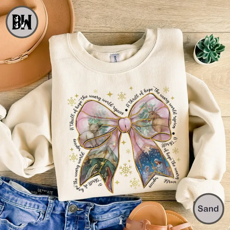 Jesus Christmas Coquette Bow Sweatshirt, Christian Christmas Shirt, Nativity Scene Shirt, Baby Jesus Shirt, Pink Christmas Shirt