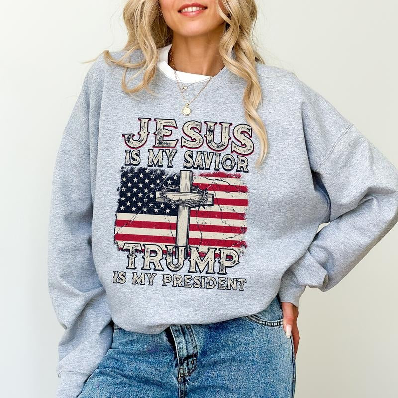 Jesus Is My Savior Trummpp Is My President Sweatshirt, Christian Sweaters, Vintage American Flag Crewneck, Jesus Cross Tops, 2024 Holiday Womenswear