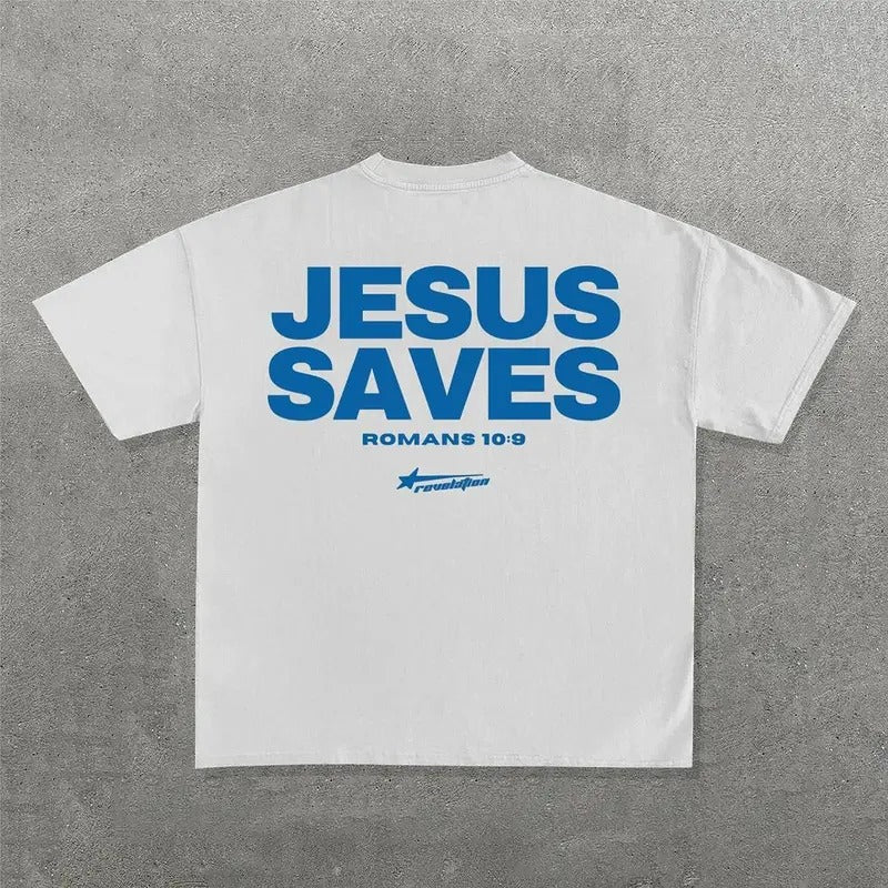Jesus Saves Print Short Sleeve T-Shirt - Vintage Graphic T-Shirt, Menswear & Womenswear Streetwear Hoodie, Sweatshirt