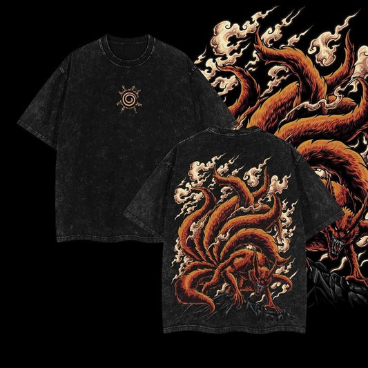 "Jinchuriki Kurama Nine Tailed Fox" Naruto Shippuden Retro Vintage Unisex Oversize Anime Manga Acid Washed Lightweight Cotton T-shirt, Anime Merch, Gift For Anime Fan, Weeaboo.