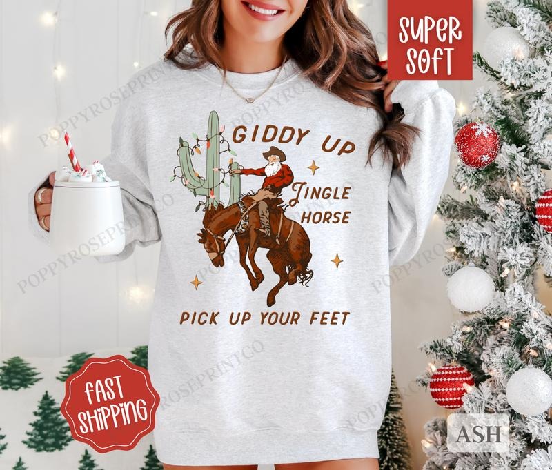 Jingle Horse Christmas Sweatshirt, Country Christmas Sweater, Cowboy Holiday Crewneck