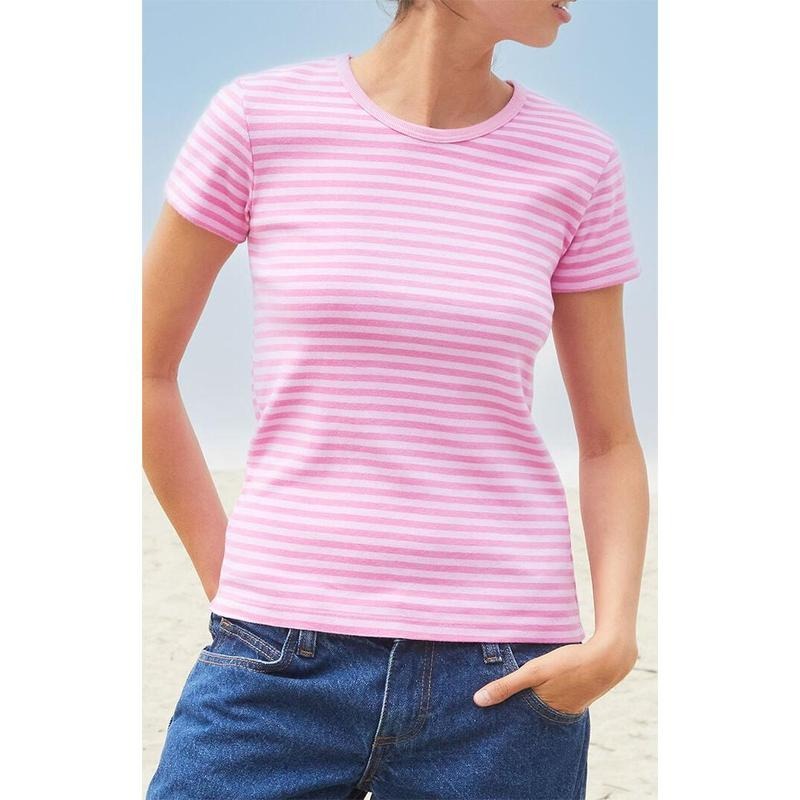 John Galt Women's Pink Striped Hailie T-Shirt Hoodie, Sweatshirt | WearSparks.com