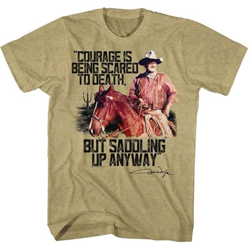 John Wayne Courage T-Shirt, Western Legend Graphic Tee, Khaki Heather Shirt for Fans, Vintage Cowboy Style