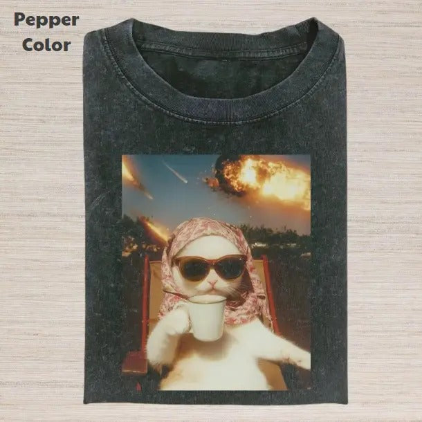 Just A Chill Girl Vintage Graphic Tee, Cat And Meteorite T-Shirt, Unisex Meme Cringe Funny Dumb Shirt, Menswear Womenswear Streetwear