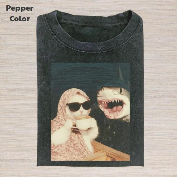 Just A Chill Girl Vintage Graphic Tee, Cat And Shark T-Shirt, Unisex Meme Cringe Funny Dumb Shirt, Menswear Womenswear Streetwear