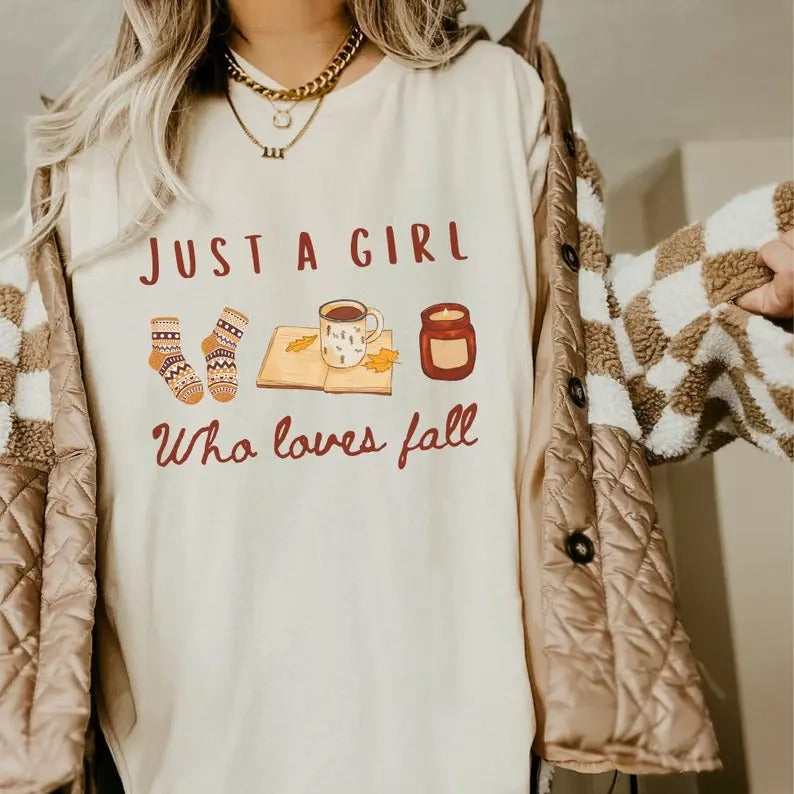 Just A Girl Who Loves Fall Fall Shirt Retro Book Swag Fall Things Shirt Booktrovert Homebody Club Bookish Things Its...