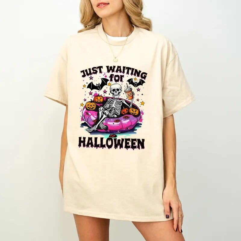 Just Waiting for Halloween T-Shirt, Cute Summerween T-Shirt, Spooky Summer Halloween Sublimation Design, Skeleton, Funny...