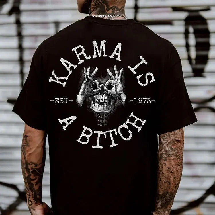 KARMA IS A BITCH Skull With OK Print Men's T-Shirt, Naughty Clothes Men, Menswear Classic, Classic Cotton Fabric, Classic Menswear Oversized Pocket Sport