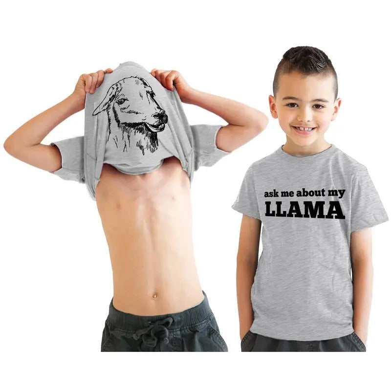 Kids' Ask Me About My Llama T Shirt Funny Youth Llama Flip Shirt Llamas Tee Funny T Shirts Animal Tops for Kids Funny Flip Short Sleeve Novelty Tees for Kids Light Grey