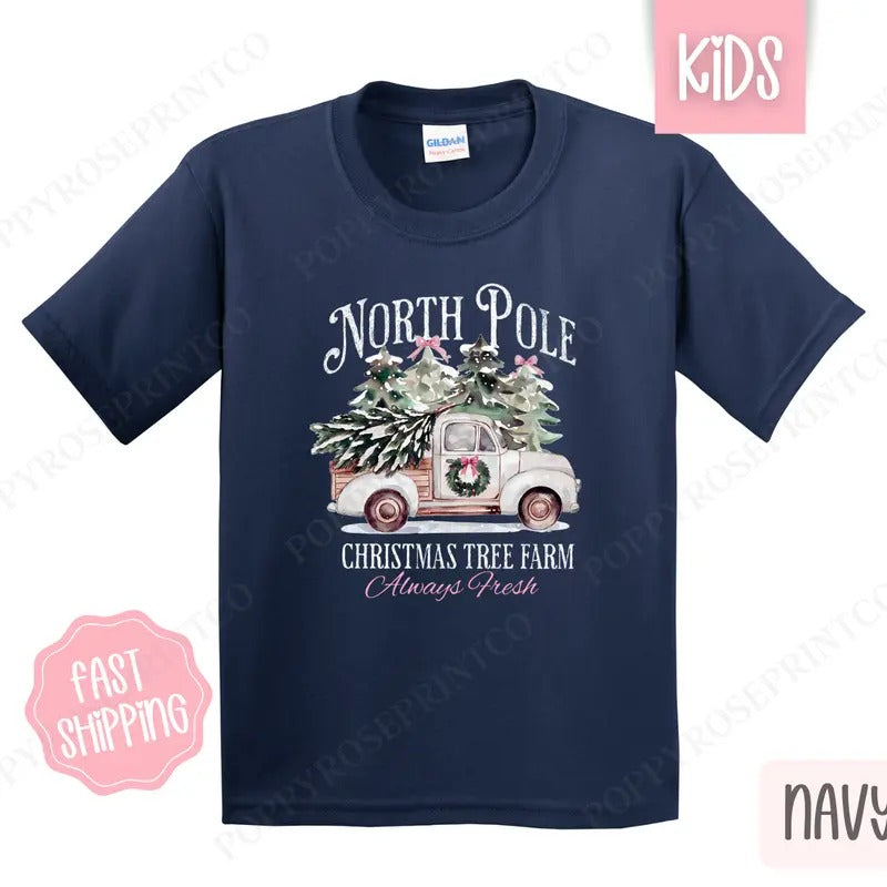 Kids Christmas Shirt - North Pole Christmas Tree Farm Childrens Tshirt - Youth Holiday Tee Gildan