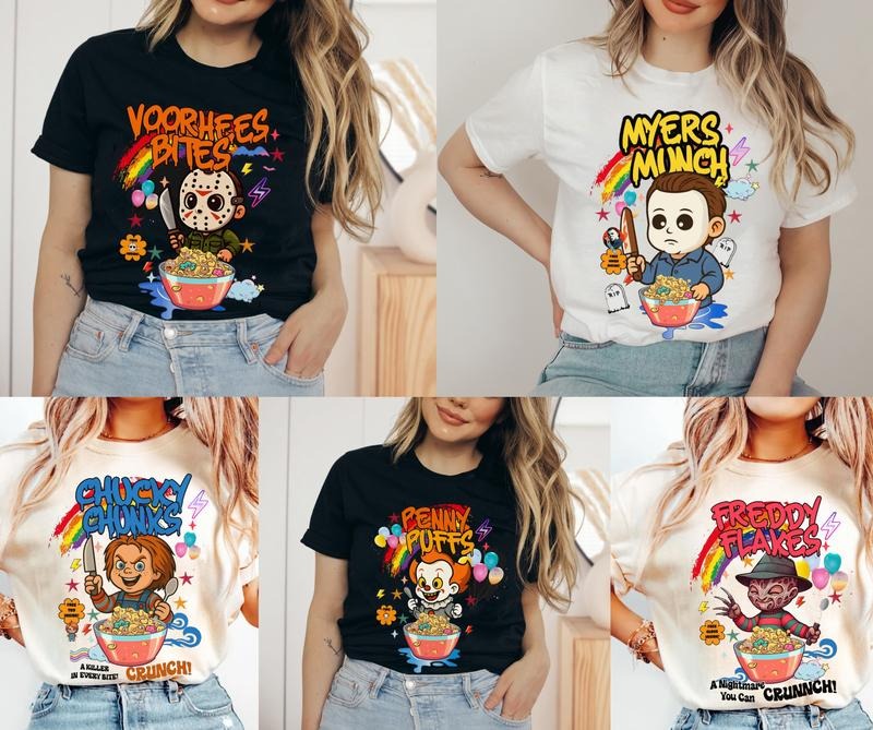 Killer Cereal Halloween T-Shirt, Horror Breakfast Tee Shirt, Funny Characters Scary Movies Shirt, Halloween Movies Tee Shirt