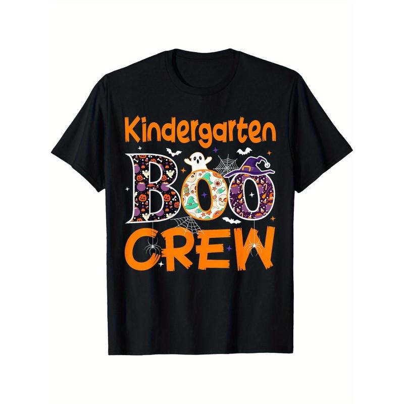 Kindergarten Boo Crew Halloween T-Shirt - Cotton Knit, Geometric Pattern, Casual Short Sleeve, Round Neck, Regular Fit, Digital Print, Soft Fabric, for Adults - Mature Style for Daily & Leisure Wear Made in USA