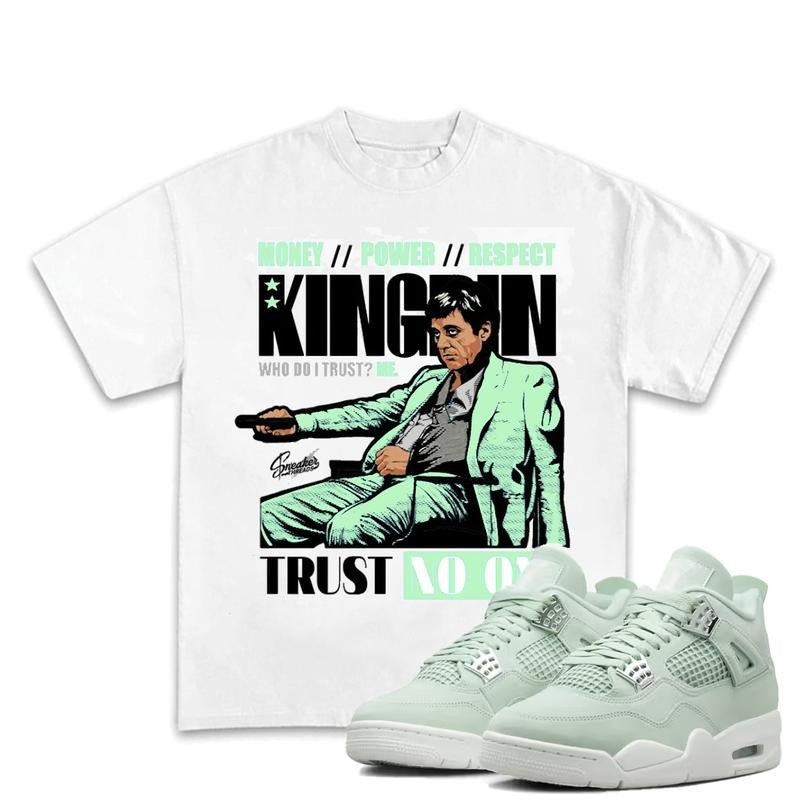 King Pin Trust No One Match 4s Seafoam Outfits Sneakers, Streetwear Y2K Cotton T-shirt, Unisex Graphic Tee with a Sleek Fit