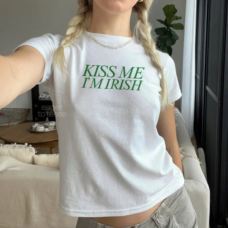 Kiss Me I'm Irish Trendy Baby Tee St Paddys Day Y2k Baby Tee St. Patrick's Day Baby Tee