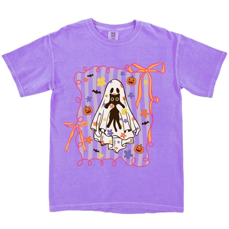 Kitty & Ghost Hugs Halloween Shirt ~ Unisex Apparel Relaxed Fit Printed In The USA Clothing Womenswear Casual Comfort Cotton Top Athletic Boho Chic