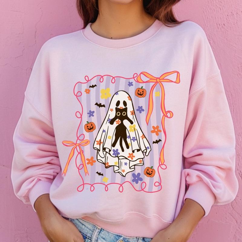 Kitty & Ghost Hugs Halloween Sweatshirt ~ Unisex Apparel Relaxed Fit Printed In The USA Clothing Womenswear Casual Comfort Cotton Top Athletic Boho Chic