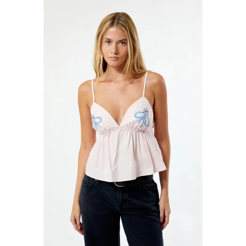 LA Hearts Women's Embroidered V-Neck Babydoll Top