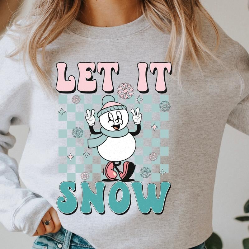 LET IT SNOW SNOWMAN CREWNECK (Crewneck Sweatshirt, Unisex Fit, Causal Sweatshirt for Christmas, Christmas Holiday Sweatshirt) Polyester Womenswear