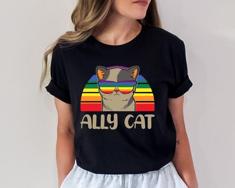 LGBT Ally Cat Shirt, LGBTQ Cat Shirt, Funny LGBT Shirt Gift Idea, Cat Lover Shirt, Ally Pride Outfit Tee, Pride Shirt, Retro Gay Shirt