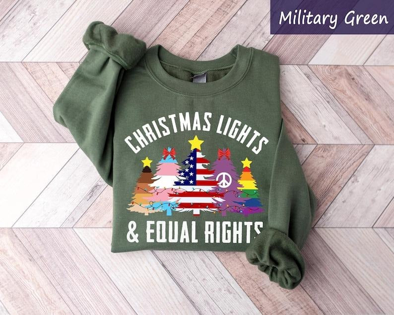 LGBTQ Christmas Trees Shirt, Christmas Lights Equal Rights, Pride Christmas Sweatshirt, Rainbow Holiday Shirt Equality, LGBTQ Christmas Gift