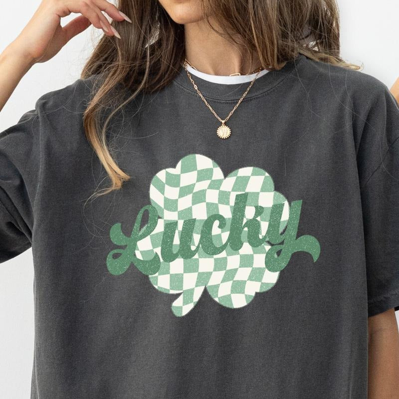 LUCKY CHECKERED CLOVER ST. PATRICKS SHIRT (COMFORT COLORS T-SHIRT, CASUAL SHIRT UNISEX, HOLIDAY SHIRT, ST. PATTYS DAY) Top Womenswear