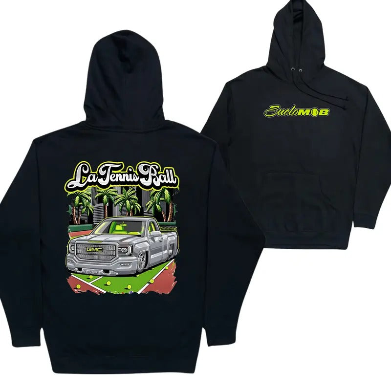 La Tennis Ball Pickup Truck Hoodie, Men's Car Lover Hoodie, Automotive Graphic Tennis Shirt, Casual Apparel for Car and...