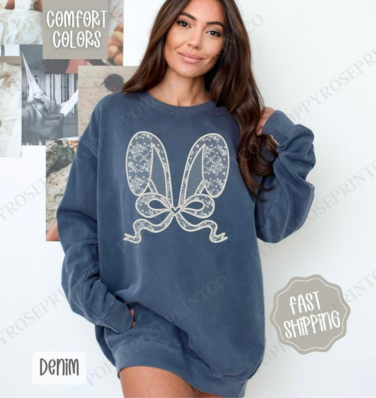 Lace Bunny Ears Comfort Colors Sweatshirt, Cute Easter Women's Crewneck, Trendy Bunny Women's Sweater, Gift for Her