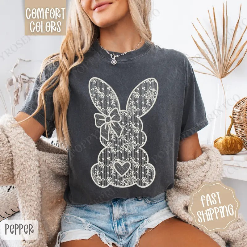 Lace Bunny Shirt Comfort Colors, Easter Tshirt, Trendy Bunny Women's Tee, Gift for Her