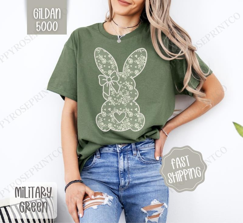 Lace Bunny Shirt Gildan, Cute EasterTee, Trendy Bunny Women's Tshirt Plus Sizes, Gift for Her