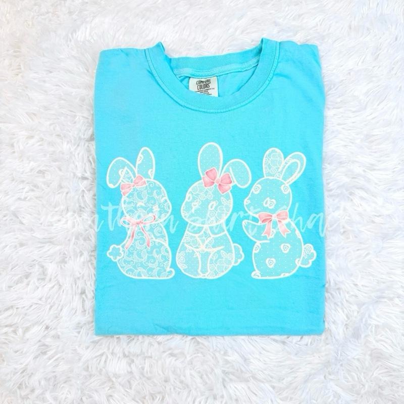 Lace Bunny Trio T shirt | Lagoon Blue comfort colors t shirt | Easter Bunny T shirt | Bunny t shirt
