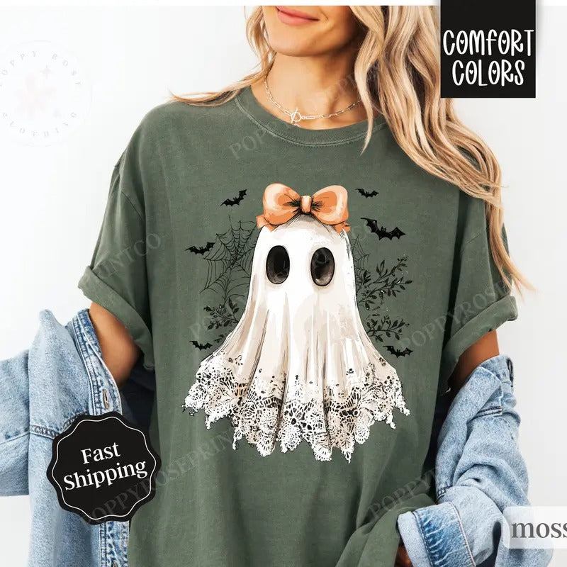 Lace Ghost Shirt Comfort Colors Halloween Tshirt, Women's Holiday Tee, October Vibes Shirt, Spooky Season Tee