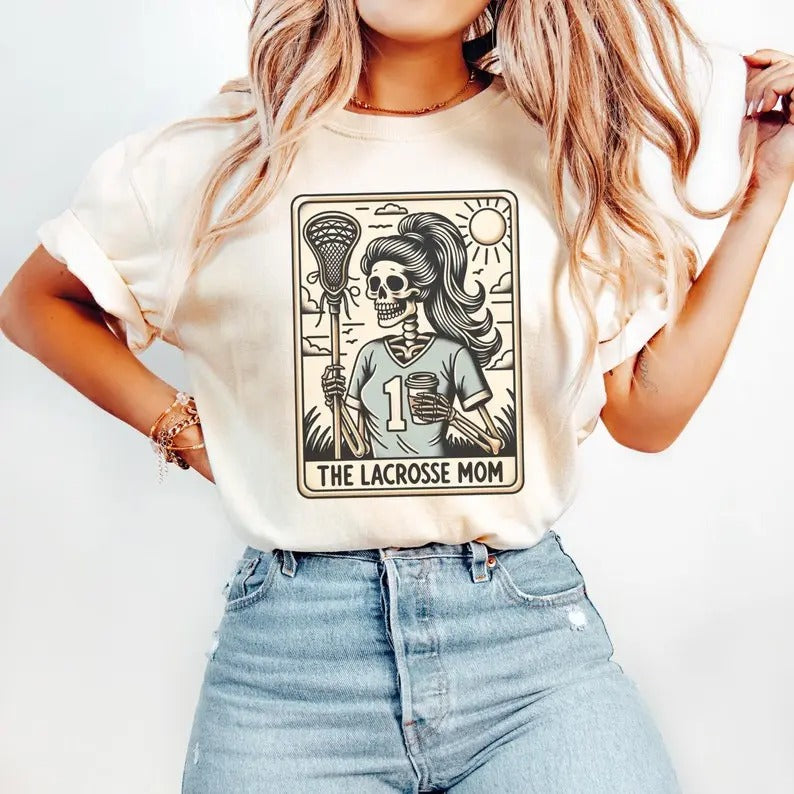 Lacrosse Mom Shirt, Lax Mom Tarot Card T-shirt, Halloween Skeleton Lacrosse Mama Tee, Mothers Day Gift for Lacrosse Mom Womenswear Streetwear