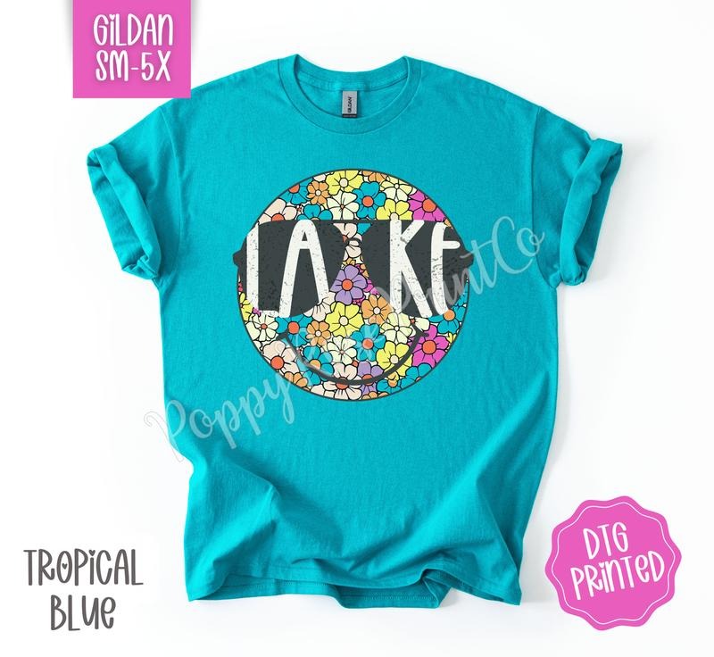 Lake Smiley Gildan Shirt, Cute Floral Happy Face Tshirt, Trendy Women's Tee, Gift for Her