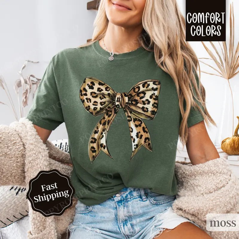 Leopard Bow Shirt Comfort Colors, Coquette Cheetah Tshirt