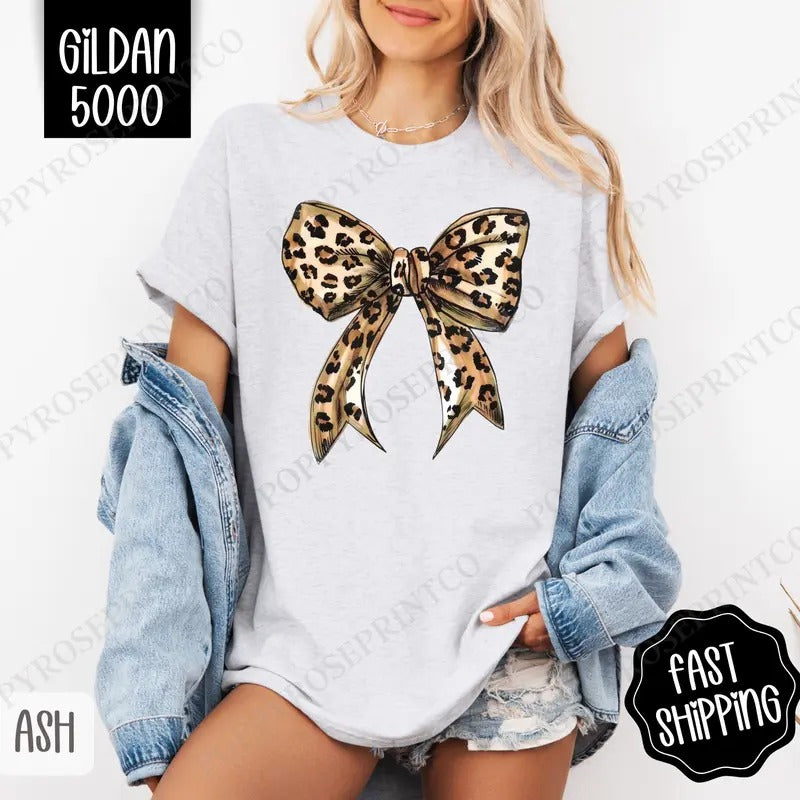 Leopard Bow Shirt Gildan, Coquette Animal Print Women's Tee, Cute Women's Tshirt Plus Sizes