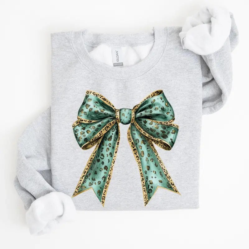 Leopard Bow, Coquette, Lucky, Shamrock, Lucky Charm, Irish, Retro, St Patrick's Day Sweatshirt, Crew Neck, Women's,...