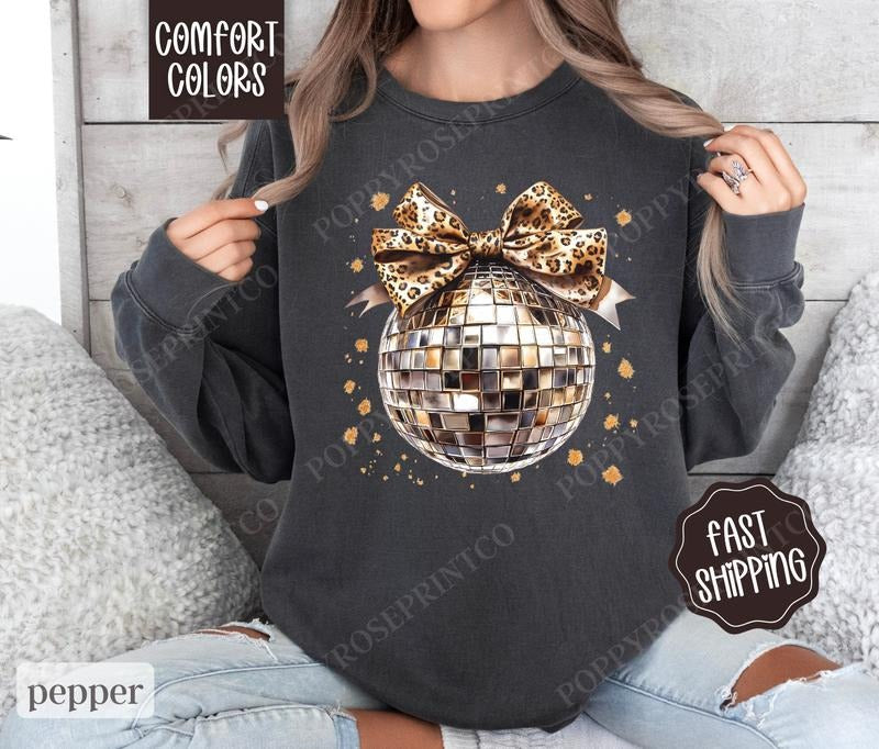 Leopard Disco Bow Comfort Colors Sweatshirt, New Year's 2025 Women's Crewneck, NYE Women's Sweater