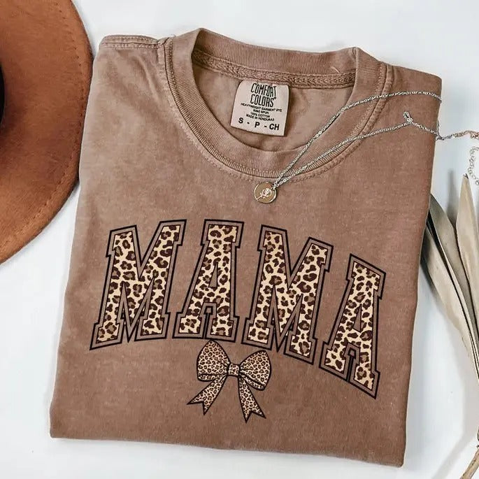 Leopard Mama Shirt, Mothers Day Gift Popular Mom Shirt, gift for mom, Comfort Colors Retro Mama Shirt bow Mama Cheetah Print graphic Tee