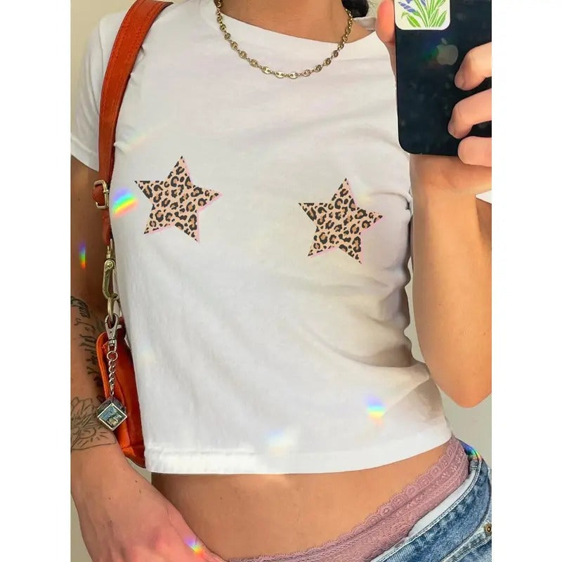 Leopard Star Vintage Baby tee, Trendy Cheetah Star Tshirt, Women's Retro Shirt - Comfort, Casual Cotton Top