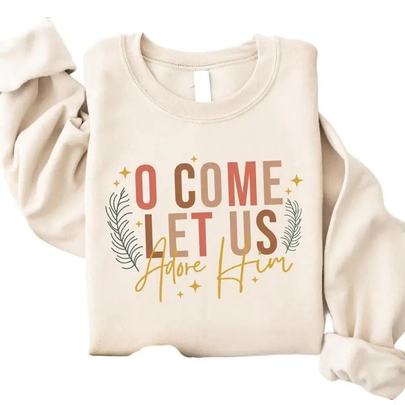 Let Us Adore Him Christmas Sweater, Christian Nativity Shirt, Religious Holiday Gift, Faith Family Cotton Crewneck