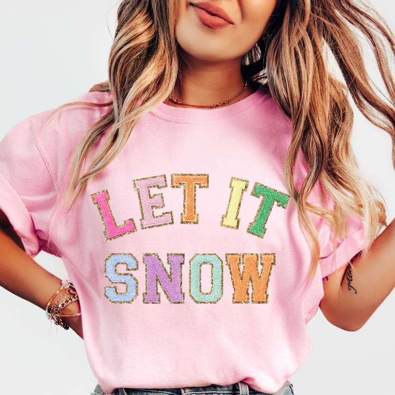 Let it Snow Faux Sparkling christmas shirt Women's Oversized Christmas Shirt - Festive Printed Design - Cotton, Comfortable Casual Top Womenswear Athletic
